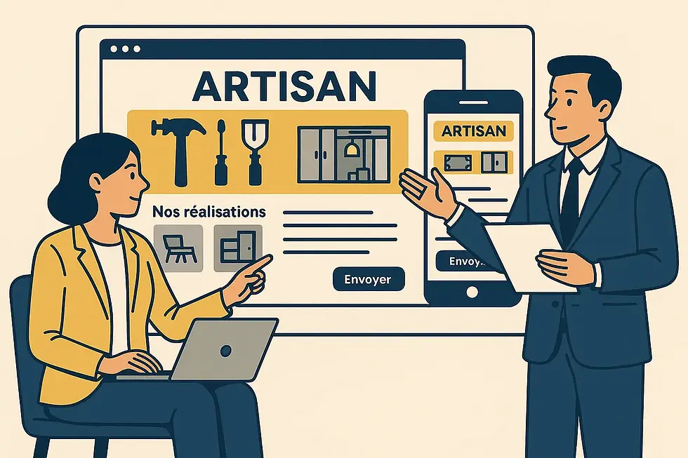 Deux professionnels discutent devant un écran présentant un site web artisanal, avec outils, photos et formulaires visibles sur mobile et desktop