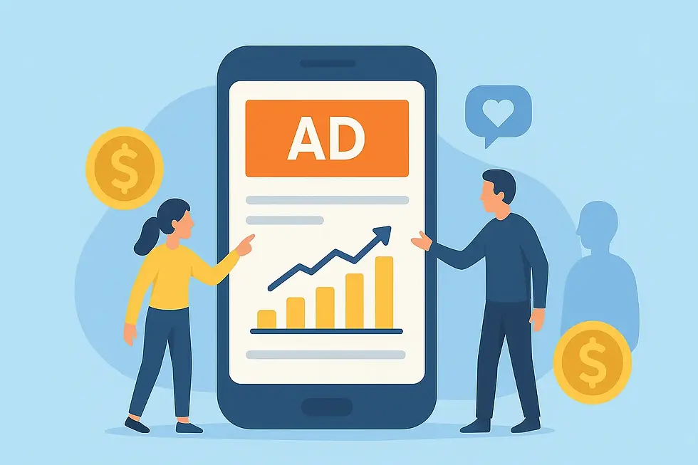 publicité en ligne social ads sur smartphone avec interactions clients et indicateurs de performance
