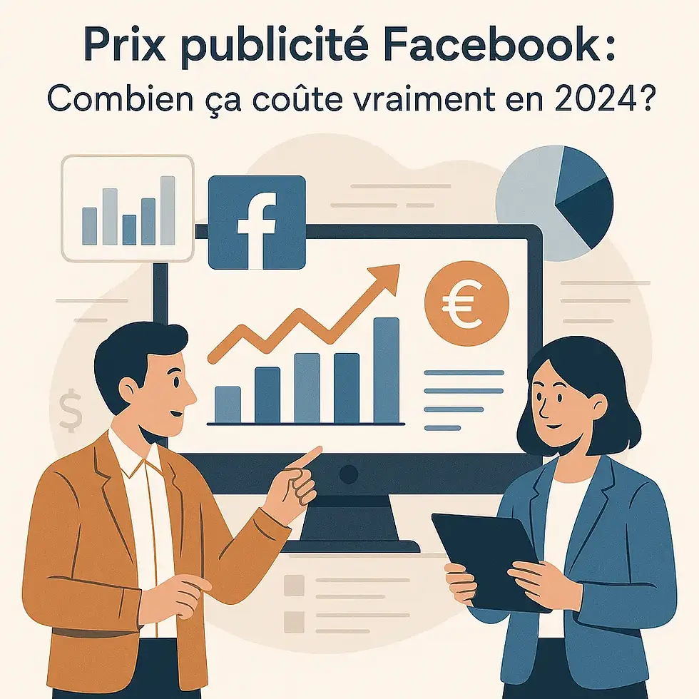 Deux professionnels analysant les résultats et tarifs d’une publicité Facebook avec graphiques et écran dynamique.