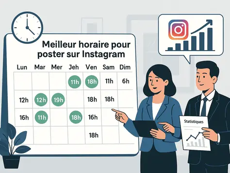 Illustration montrant un calendrier avec des horaires optimaux pour publier sur Instagram, accompagné de deux professionnels analysant les statistiques de publication