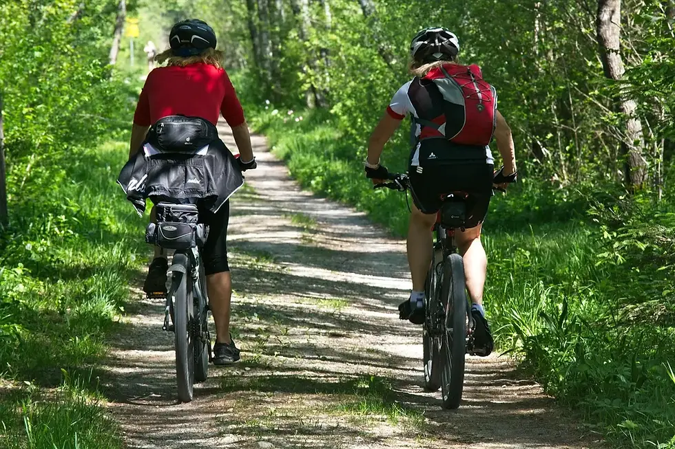 Deux personnes font du vélo sur un chemin forestier verdoyant. Elles portent des casques et des tenues de sport colorées. Atmosphère paisible.