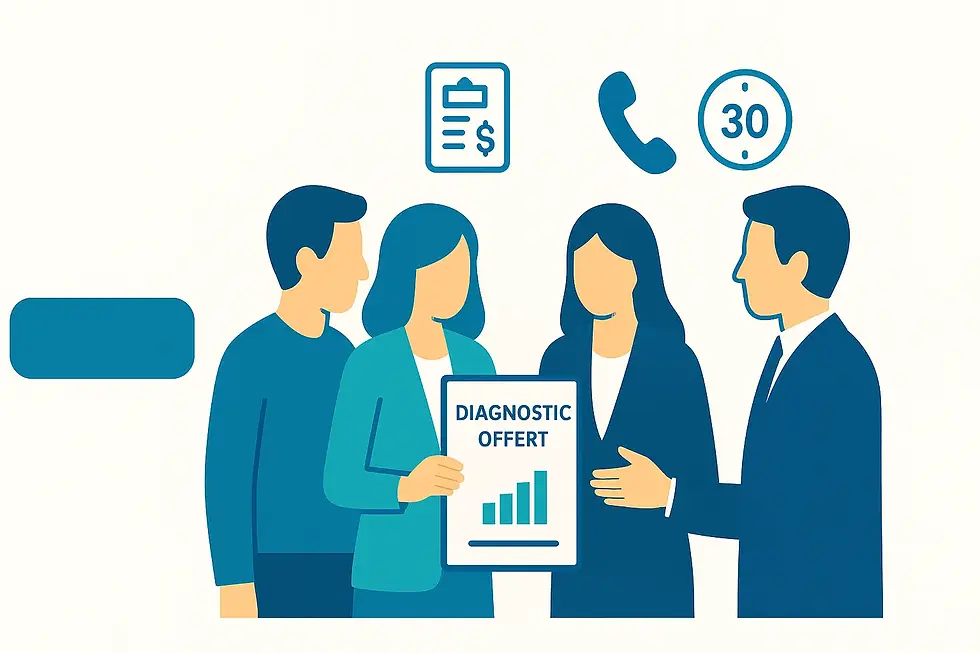 Équipe agence proposant diagnostic offert et 30 minutes de consulting — illustration flat design