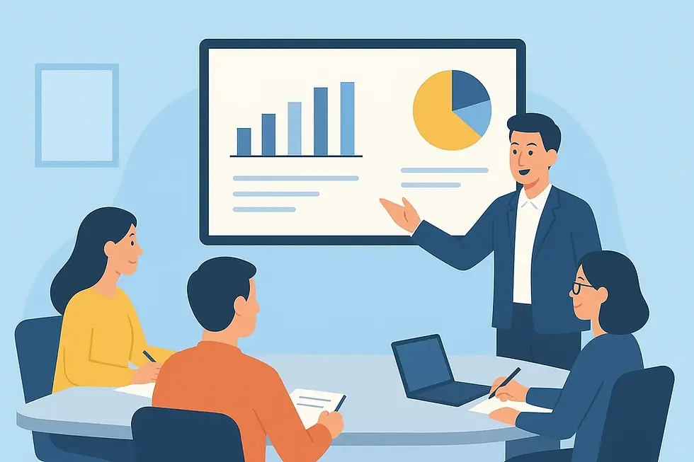 réunion d’équipe PME avec présentation des données et formation communication digitale