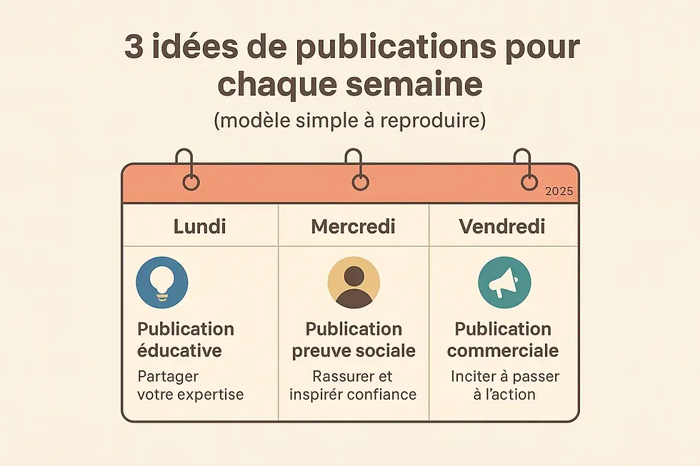 Illustration flat design 2025 avec un planning hebdomadaire de publications pour réseaux sociaux.