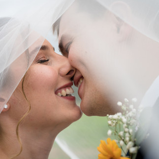 Bride and Groom Kiss under a veil