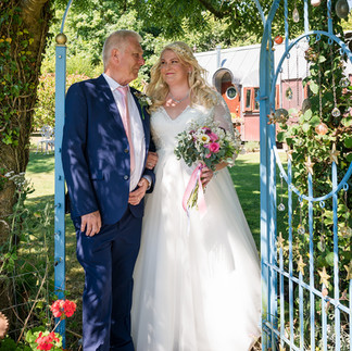 Bride and Dad by the Moon Gate at Freida and The Moon