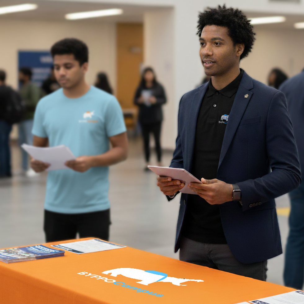 A BYPPOCampus Student CEO standing on campus wearing a BYPPO shirt, representing the program and leading fellow Student Runners.