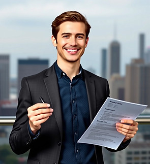 Small thin man, age 28, white holding a resume. I need to see his whole body, dressed smar