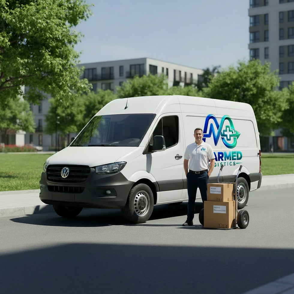 Professional medical courier standing beside a branded PharMed Logistics van