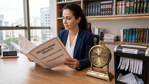 Advogada consulta um prontuário médico em papel ao lado de um relógio e de uma fragmentadora com aviso de destruição legal após 20 anos