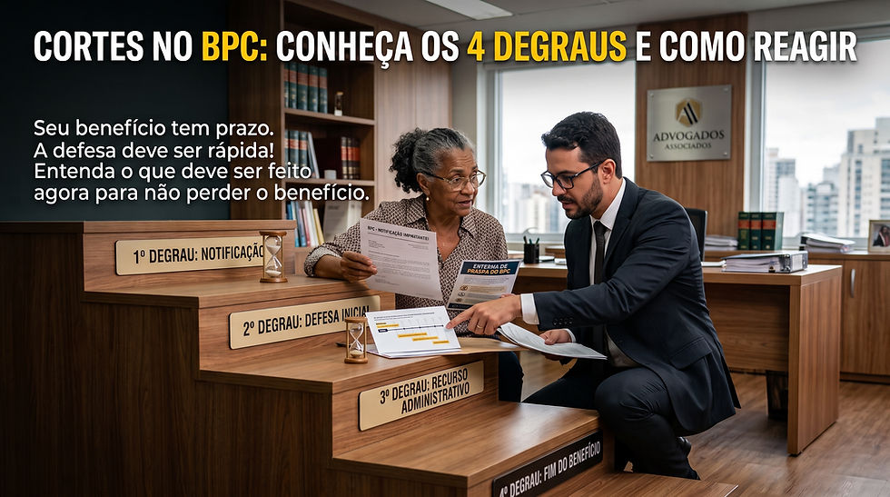 Mulher idosa e advogado em escritório analisam documentos sobre cortes no BPC; escadas mostram 1º ao 4º degrau.