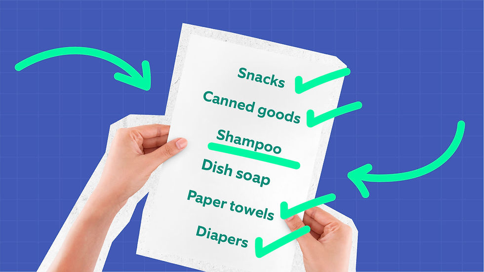2 hands holding sheet of paper with items written on it