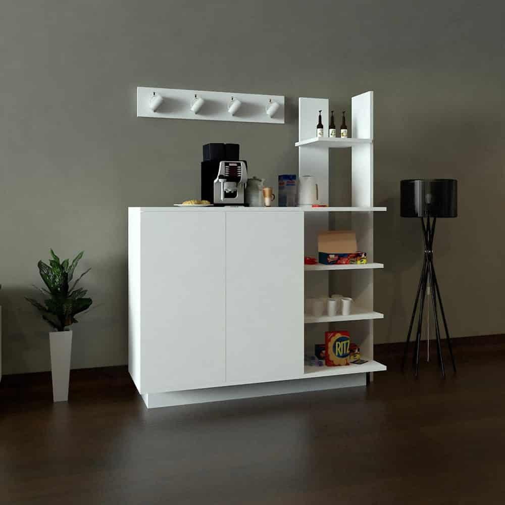 120 cm white Coffee Corner with side shelves .