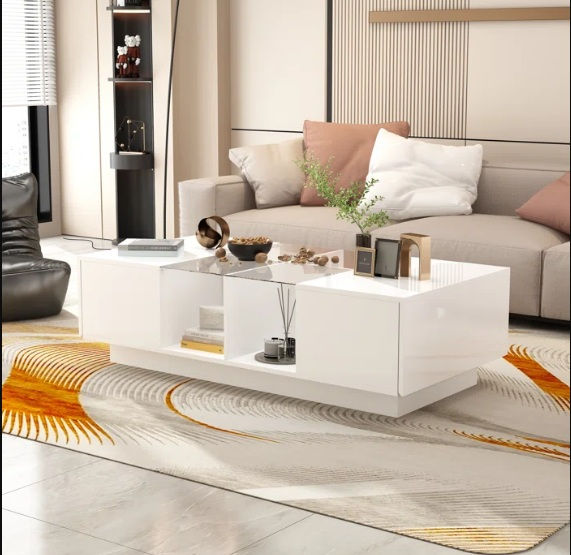 Thumbnail: 120 cm  White glossy center table – Glass & wood