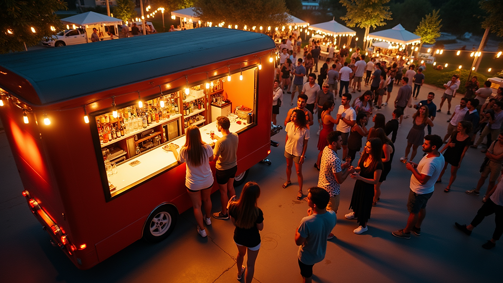 High angle view of a vibrant outdoor party with a mobile bar and guests enjoying drinks