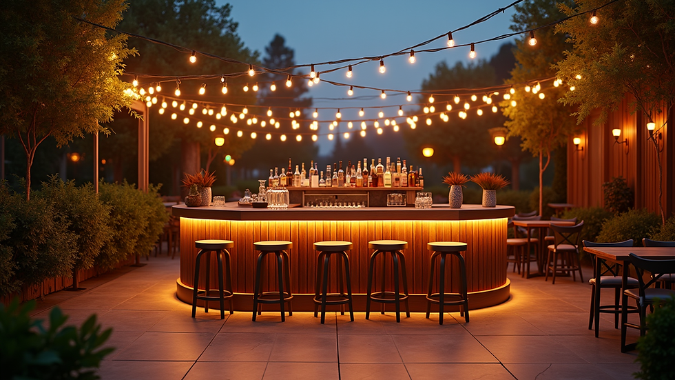 Eye-level view of a stylish outdoor event bar setup with lights and stools
