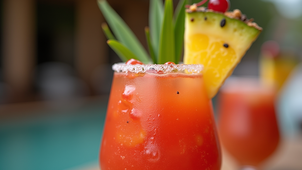 Close-up view of a colourful Caribbean-inspired cocktail with tropical garnish