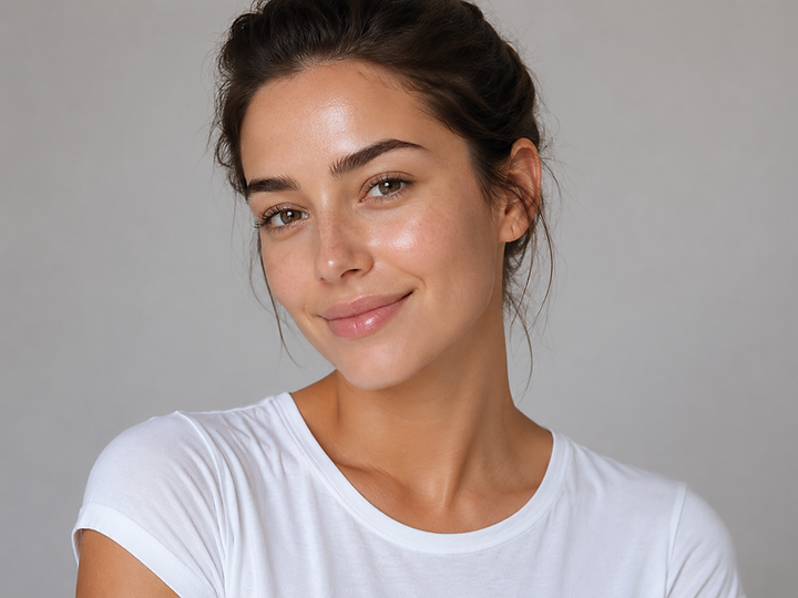 Gesicht einer jungen, brünetten Frau mit gutem Glow