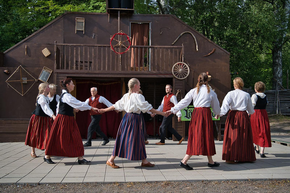 Aitomäen nuorisoseuran kansantanssiryhmä lisävahvistuksineen tuo juhlaotteluun historian tuntua! Kuva: Maiju Laurila
