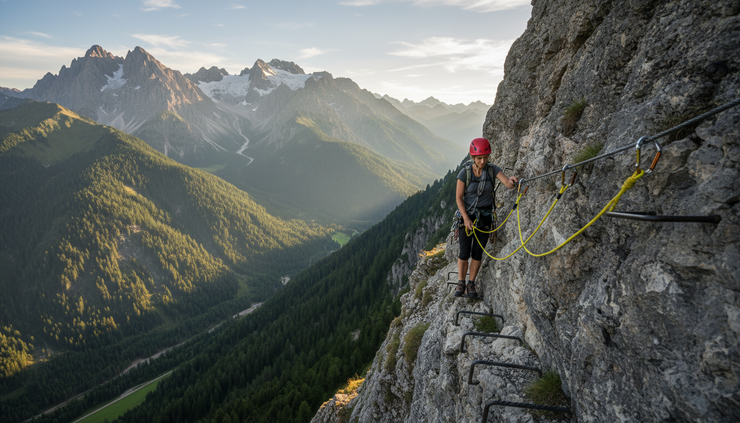 Eye-level view of a climber clipped to a steel cable above a green alpine valley.