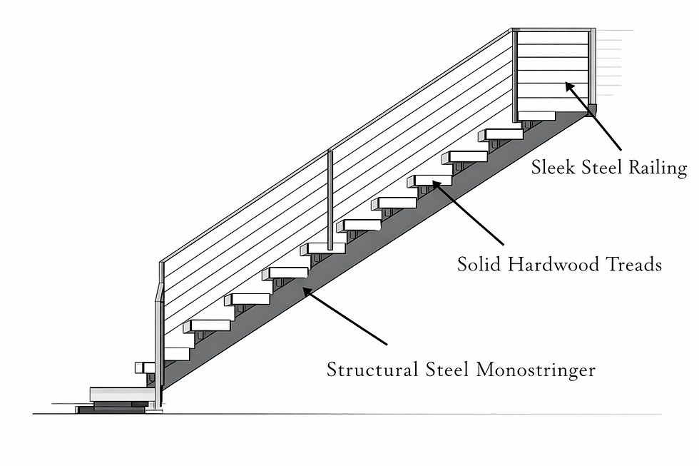 Engineering diagram of a custom floating staircase showing the structural steel mono stringer, hardwood treads, and welded steel railing.