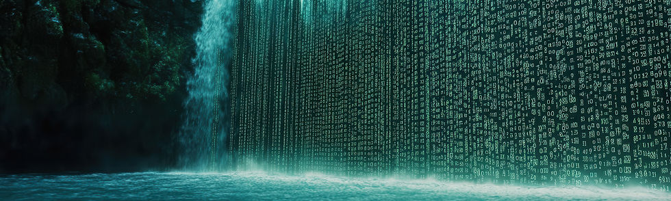 Digital waterfall graphic showing scalable organizational transformation