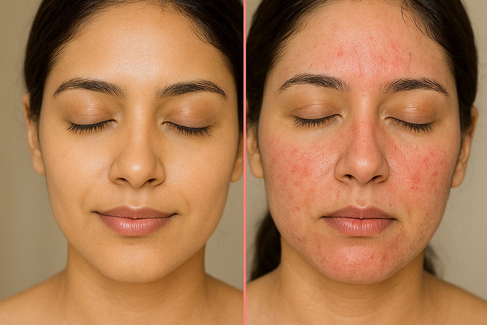 A “before & after” style picture of glowing, untouched skin vs. irritated skin after a treatment.