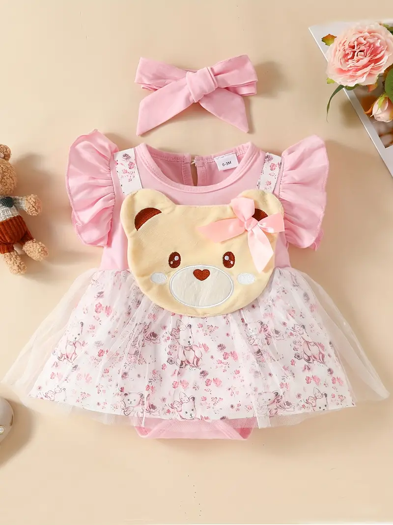 Pink Bear Baby Girl Silk Cotton Dress & Headband Set Baby Mom Gift Store