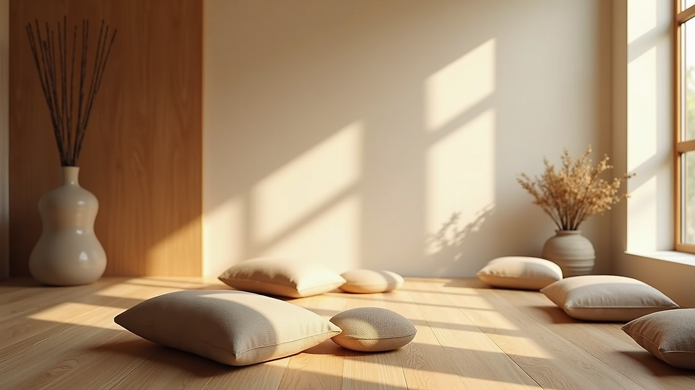 Eye-level view of a peaceful meditation room with cushions and soft lighting