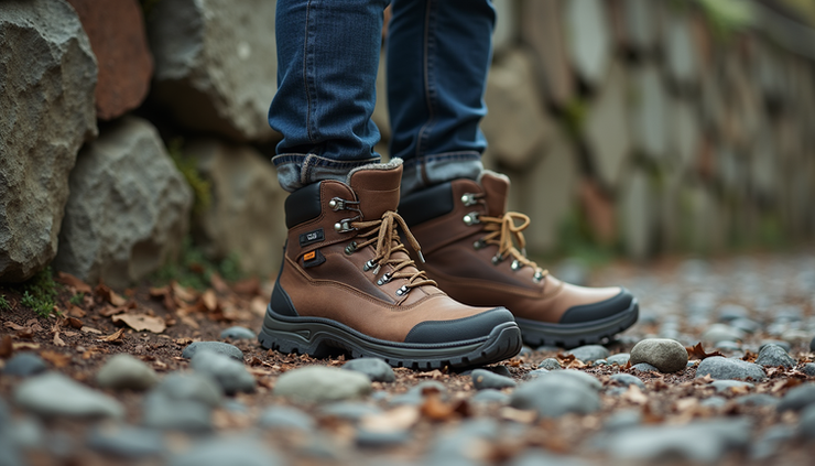 Close-up view of sturdy hiking boots on rocky ground near an old stone wall