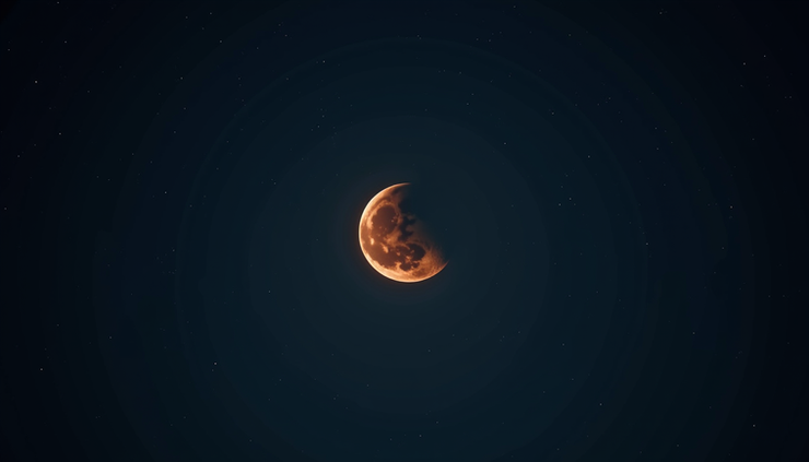 Eye-level view of a glowing full moon partially covered by Earth's shadow over a dark night sky