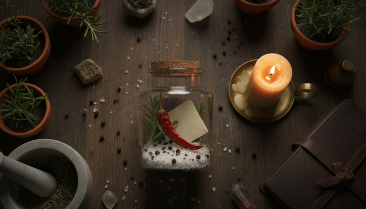 Overhead view of a small protection jar filled with dried chili, salt, and herbs.