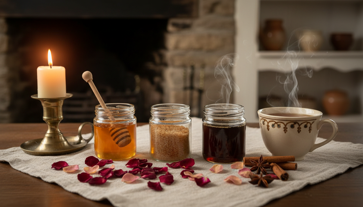 Eye-level view of small jars of honey, maple syrup, and sugar beside tea.
