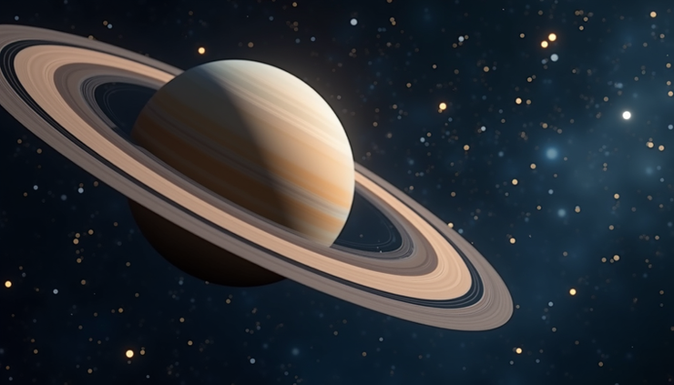 Eye-level view of a red planet Saturn with Aries constellation in the background