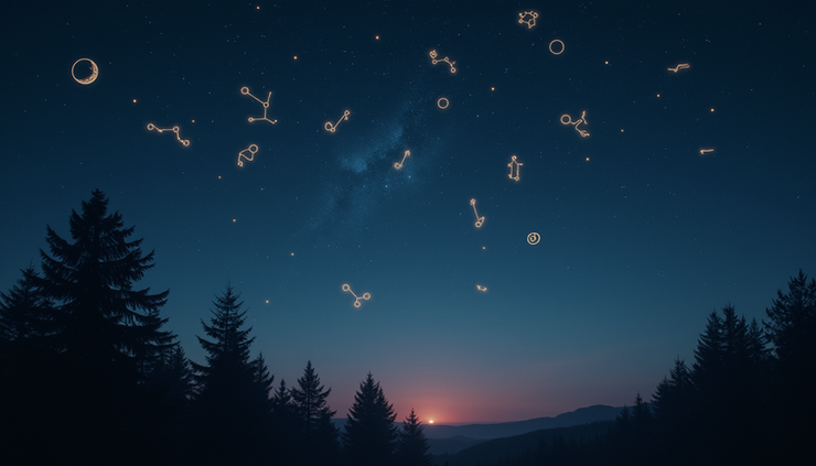Eye-level view of a celestial map with zodiac constellations glowing softly