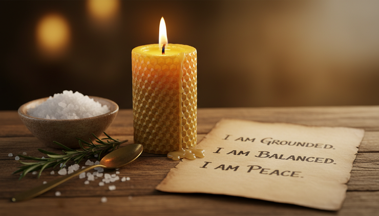 Close-up of a candle beside a handwritten affirmation.