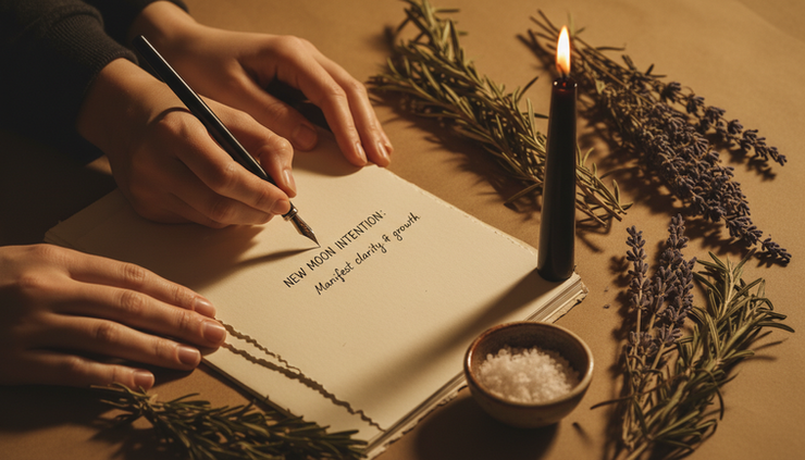 Close-up of hands writing a new moon intention beside a black candle and dried herbs.