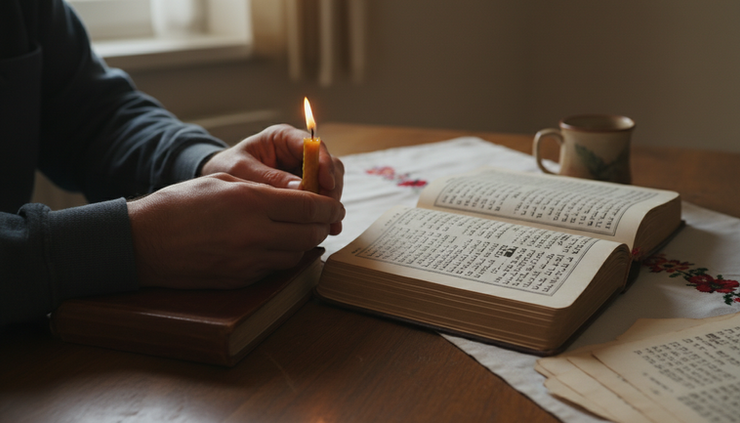 Close-up of hands holding a small candle beside an open prayer book.
