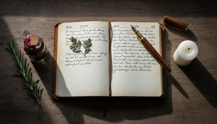 Overhead view of a notebook beside a sealed jar and a sprig of rosemary.