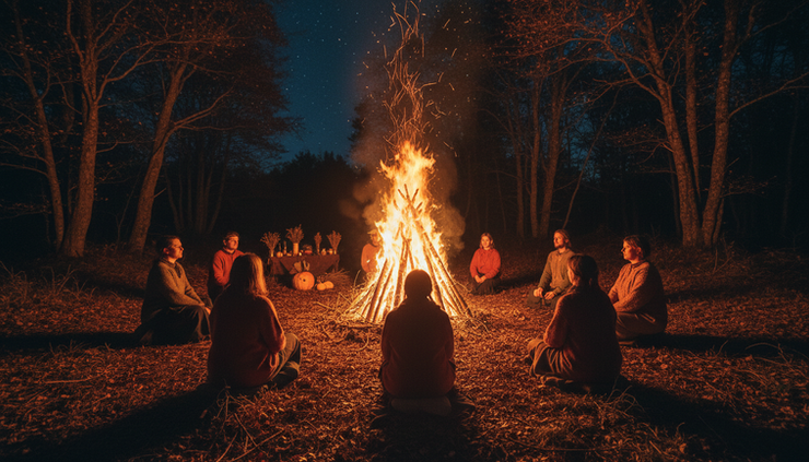 Wide-angle view of people standing in a quiet circle around a Samhain bonfire.