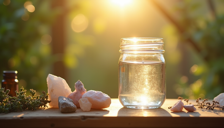 Eye-level view of a clear glass jar filled with water glowing under afternoon sunlight on a wooden altar