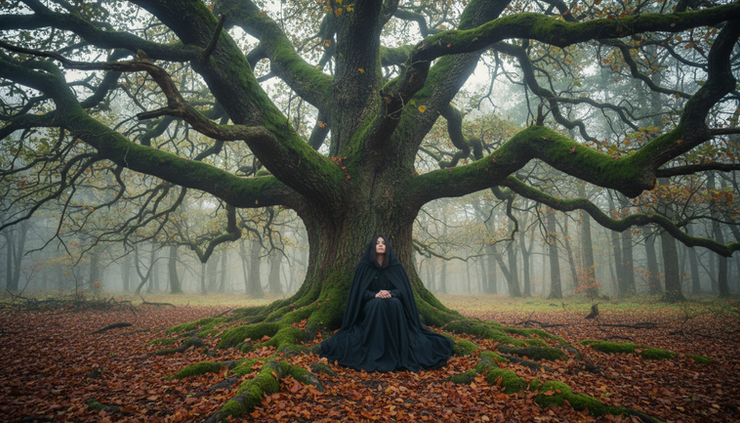 Wide-angle view of a quiet figure sitting beside an old oak tree.