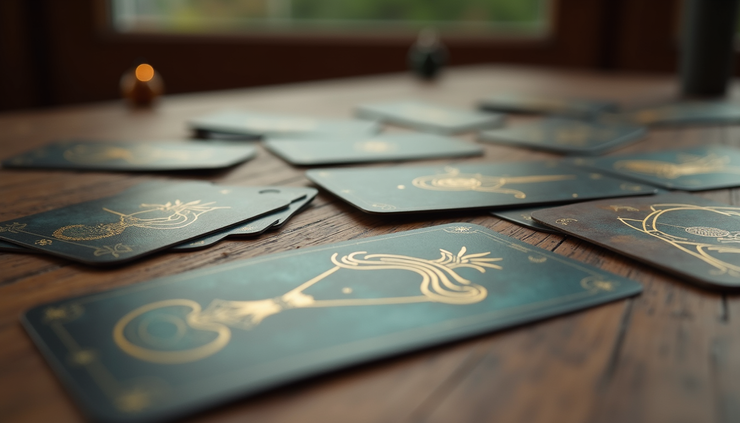 Close-up view of a tarot deck spread on a wooden table with cards showing mysterious symbols