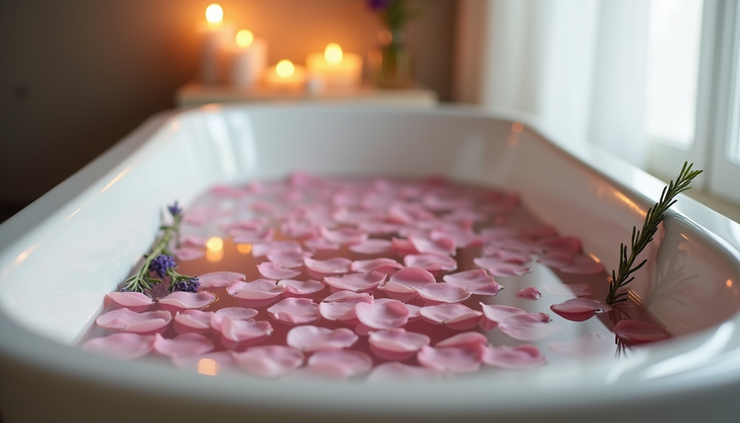 Eye-level view of a bathtub filled with water, rose petals, and fresh herbs arranged around it