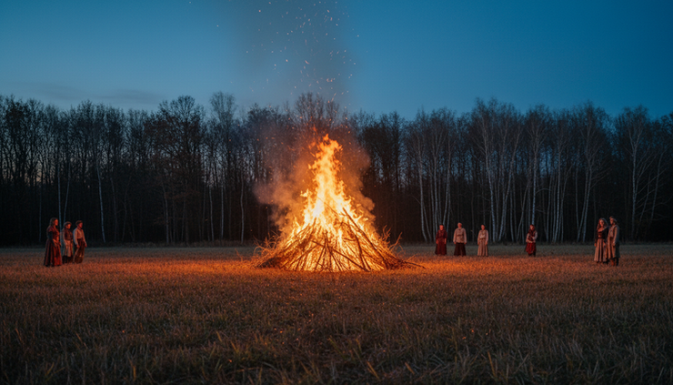 Wide-angle view of a bonfire burning in an open field at dusk.