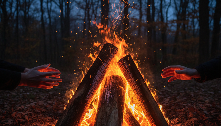 Close-up view of sparks rising from burning logs in a ritual fire.