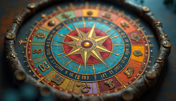 Eye-level view of a colorful zodiac wheel with twelve distinct segments