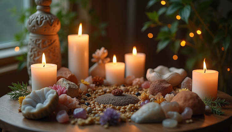 Close-up of a ritual altar with candles, crystals, and herbs arranged neatly