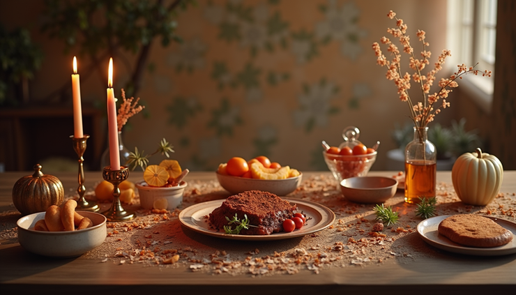 High angle view of decorated Haft-Seen table for Nowruz celebration