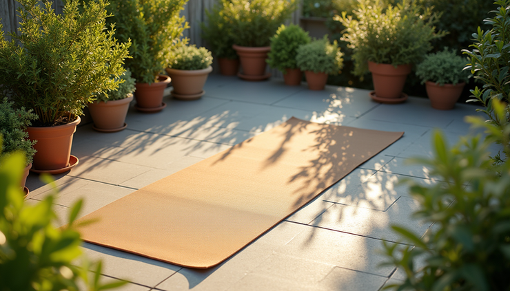 High angle view of a peaceful outdoor space with a yoga mat and summer plants